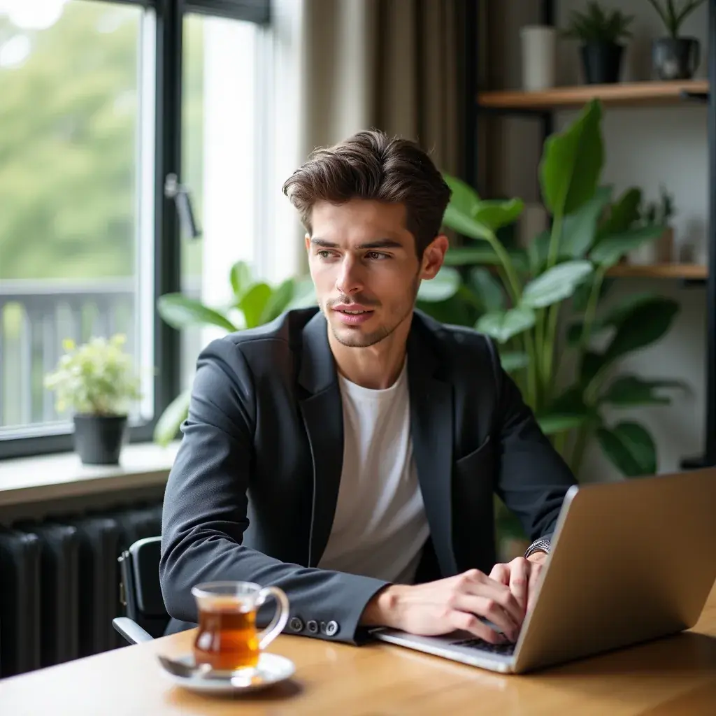 Tasse de thé aux herbes avec une vue panoramique sur un paysage belge pittoresque.